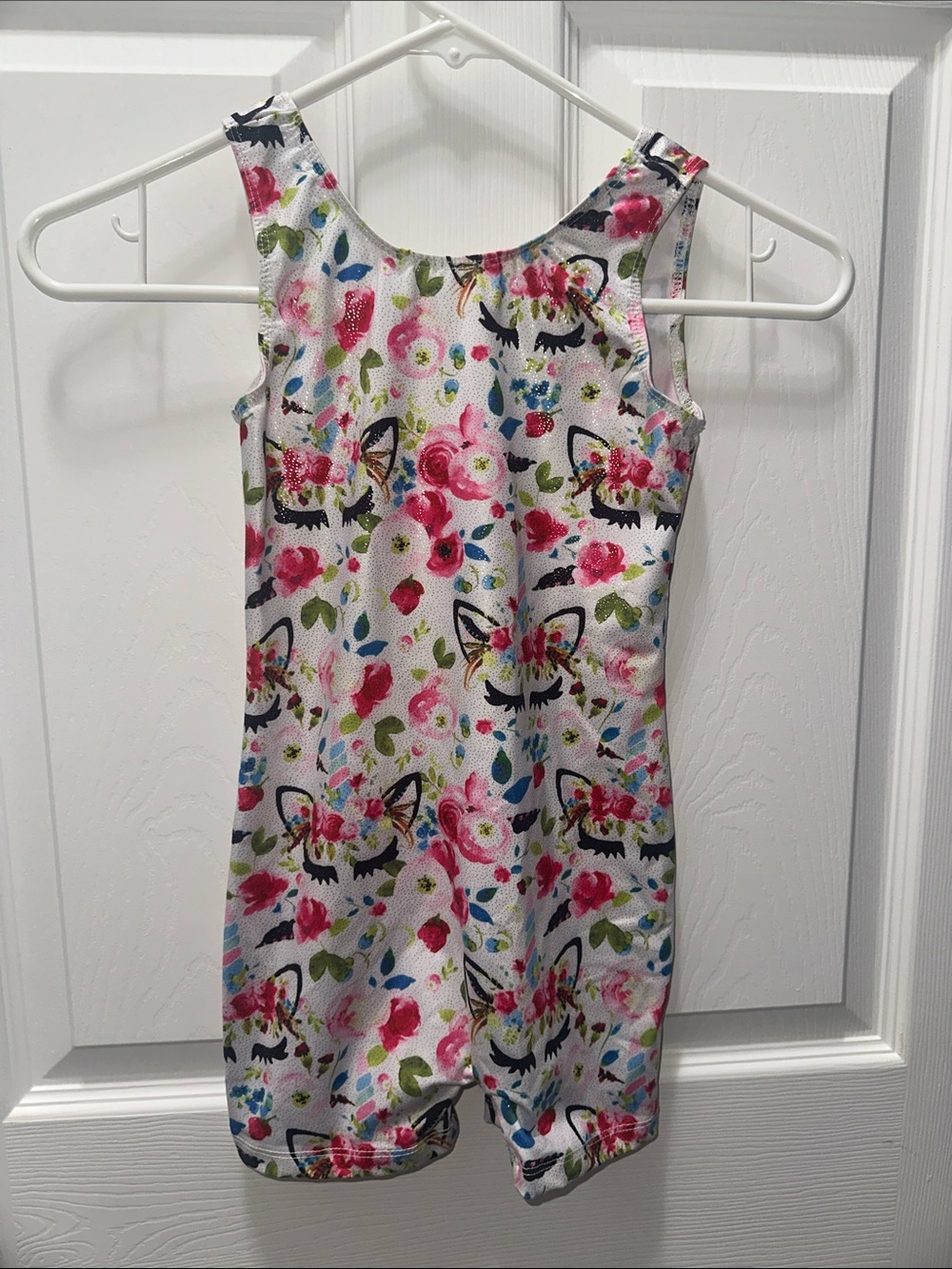 Amazon Kids One-Piece Swimsuit - White with Pink Floral & Black Cat Print
